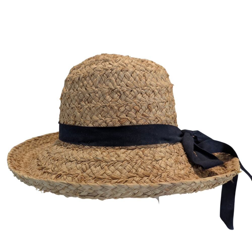 Vintage L.L. Bean Navy Bow Straw Raffia Vacation Sun Hat - Picture 3 of 6